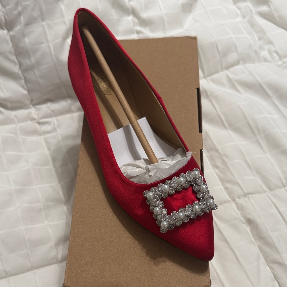J. Crew Scarlet Satin Flats with Pearl Embellishment